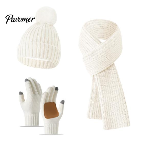 Fashionable Vertical Stripe Knitwear Winter Hat Scarf Gloves Set, Knitted with Pompom, Touch Screen Gloves, Cold Weather Essential Set Warm