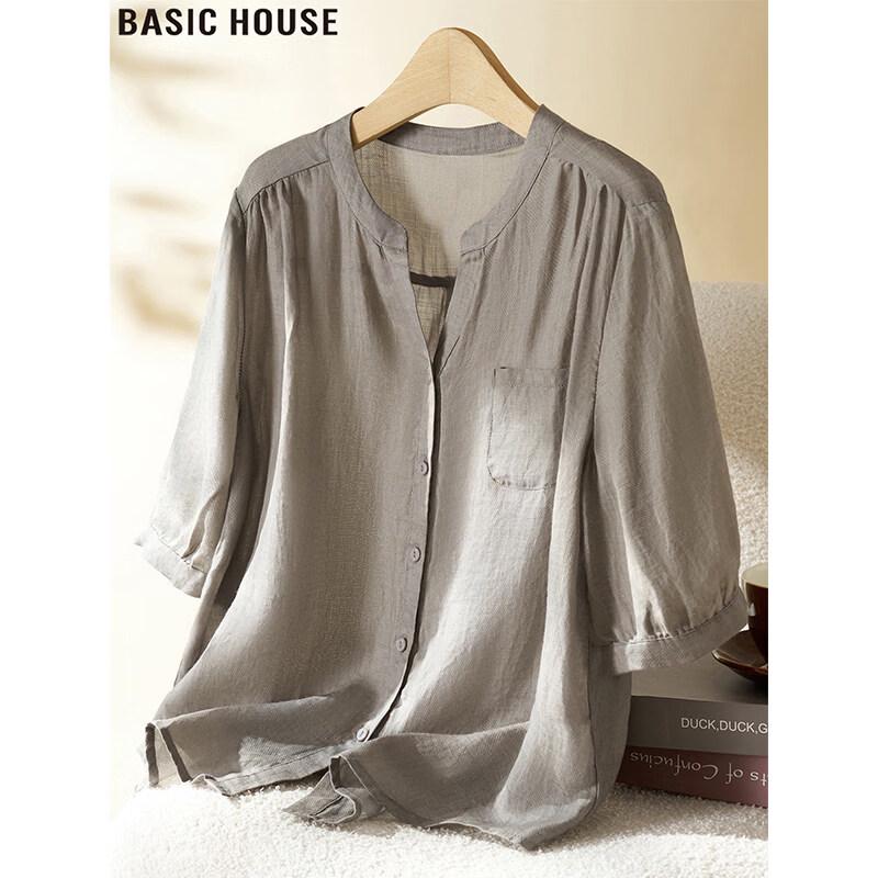 Basic House Women s Grey Ramie Short Sleeve Sun Protection Shirt L