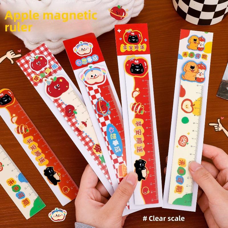 Cartoon Apple Magnetic Bookmark Ruler, Student Flexible Ruler, Cute and Girlish, Inspiring Stationery Magnetic Straight Ruler