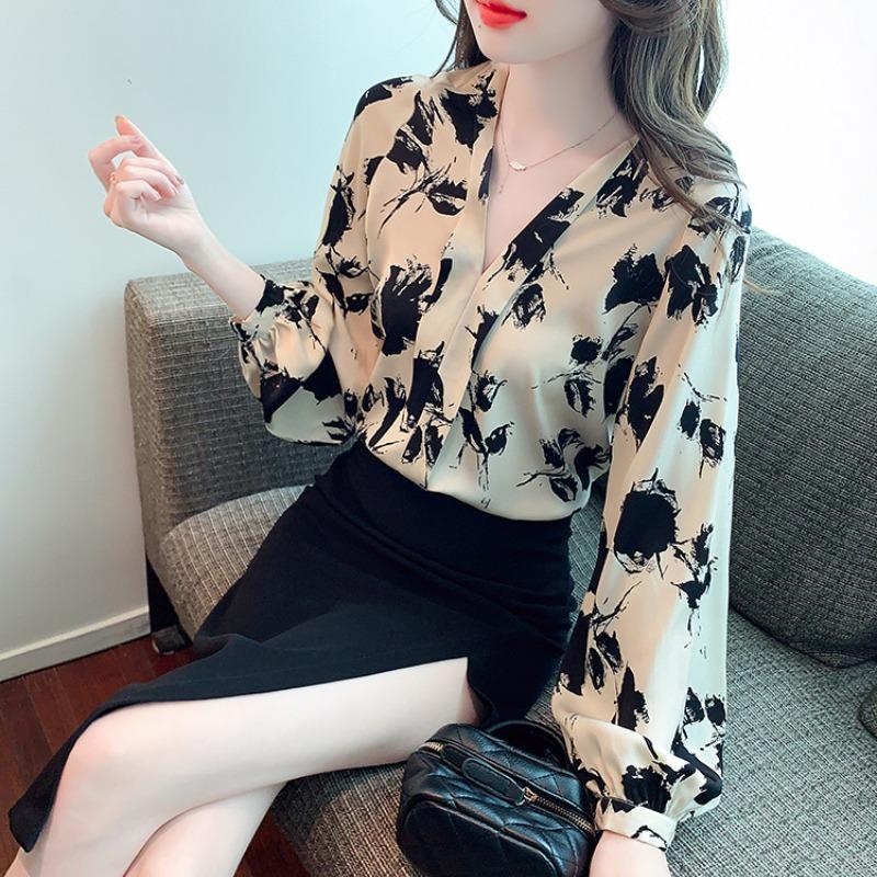 Mürekkep Baskılı Fener Kol Retro Bol Kadın Gömlekleri Üstler Moda Zarif V Yaka Slim Fit Günlük Bluz Kadın Basit İlkbahar Ofis Bayan Gömleği 26348