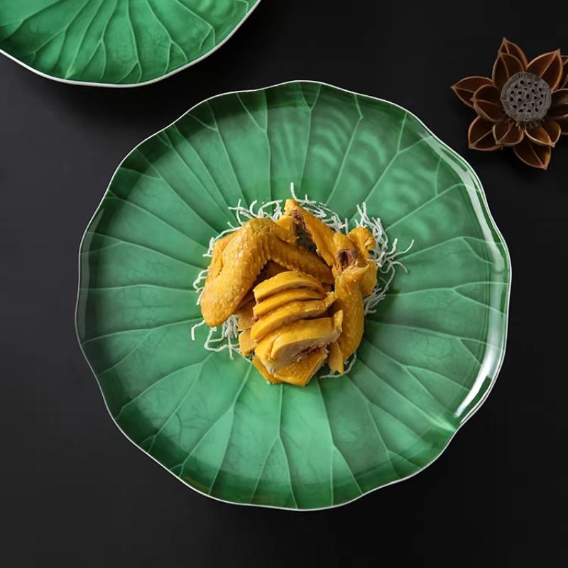 BEPAN 1PC Unique Green Lotus Leaf Plate Hotel Tableware Exquisite Ceramic Plates Creative Chinese Food Ceramic Dinnerware