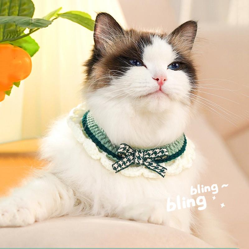 Cute Pet Cat Saliva Towel Hand-knitted Adjustable Kitten Cat Puppy Bow-knot Collar Pet Cat Decorative Collar Kitten Accessories