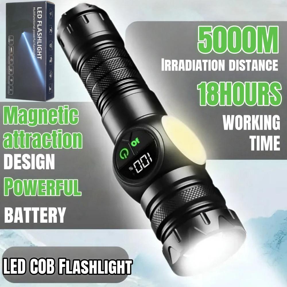Portable rechargeable zoom flashlight with display screen, LED flashlight with emergency side light 5 lighting modes