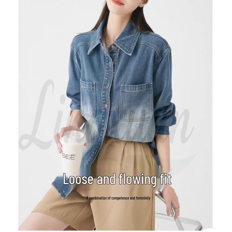 2026 Autumn/Winter Korean Style Versatile Loose-Fit Denim Long-Sleeve Women s Shirt S синий