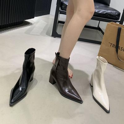 Neue Marke Damen Stiefeletten Mode Spitz Zehenbereich Quadratischer Hoher Absatz Kurze Stiefel Reißverschluss hinten Kleid Chelsea Boots Schuh