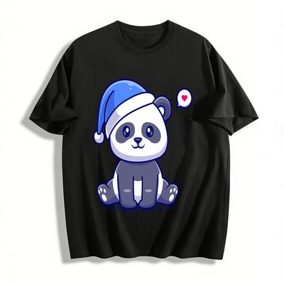 Christmas Hat Panda Print Casual Loose Fit Unisex T-Shirt Pure Cotton T-shirt