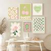 Boho Green Heart Fashion Wall Art Colourful Cherry Pink Green Canvas Painting Flower Market Cozy Living Room Gallery Poster