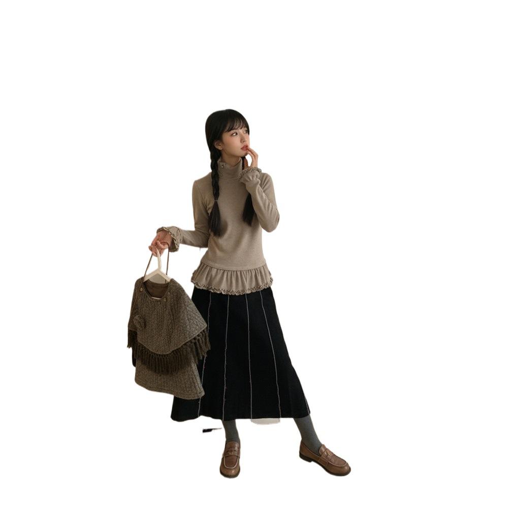 De Róng Women's Korean Style High Neck Lace Base Layer Top, Sweet Age-Reducing Design for Autumn/Winter, Long Sleeve, In Stock