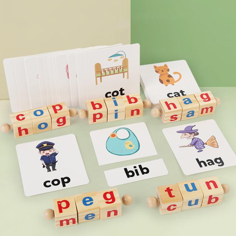 Wooden Word Spelling Game Alphabet Learning Toys for Preschool Boys and Girls Letters Reading Building Blocks Game with 24 Cards