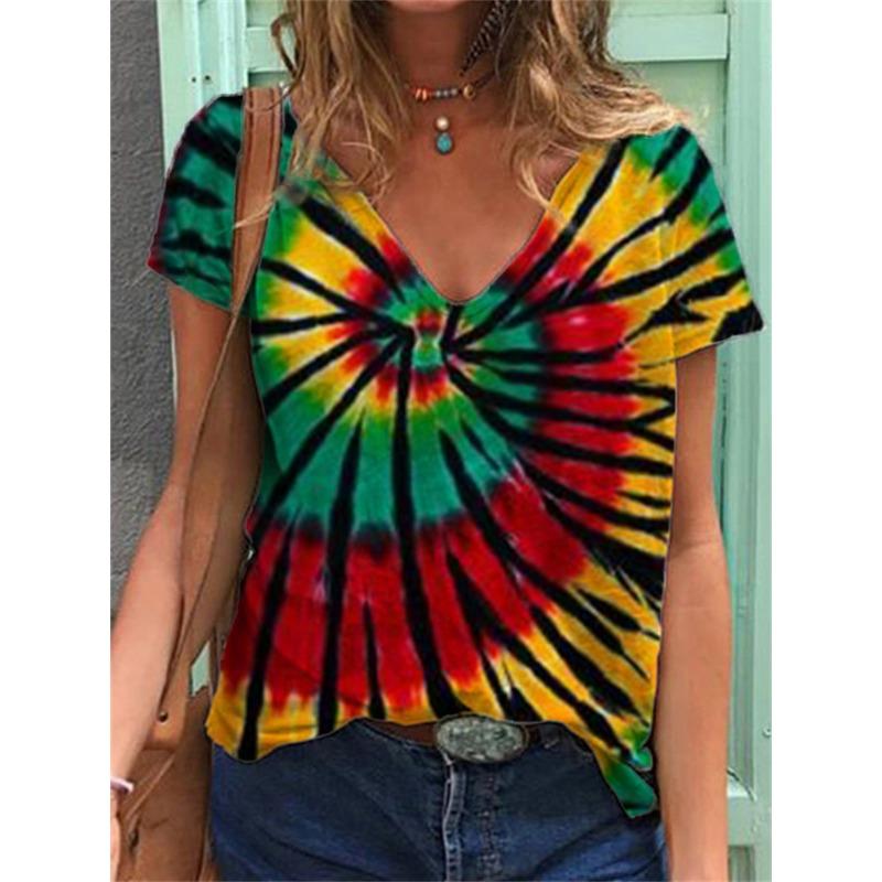 

Летний топ с V-образным вырезом и 3D-цветным принтом, модные повседневные женские футболки с короткими рукавами XS