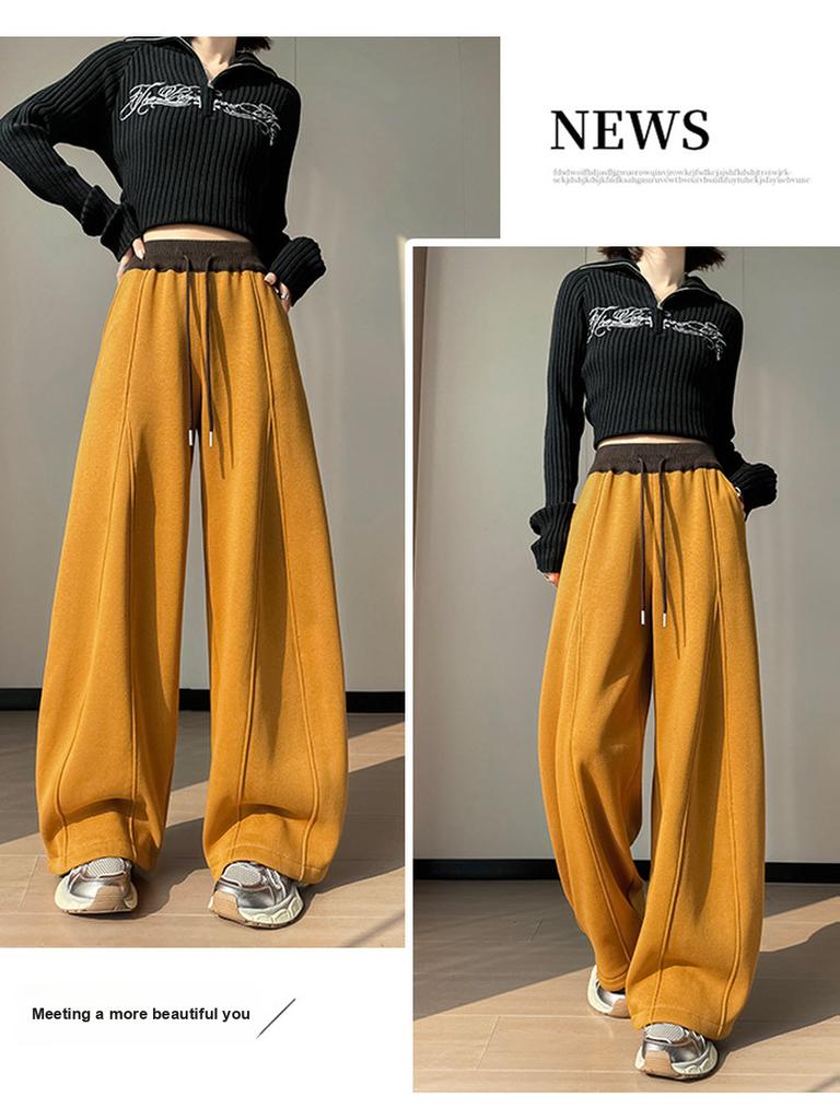 Autumn Winter New Style Fleece Thick High Waist Knife Leg Pants Women Wide Leg Casual Pants