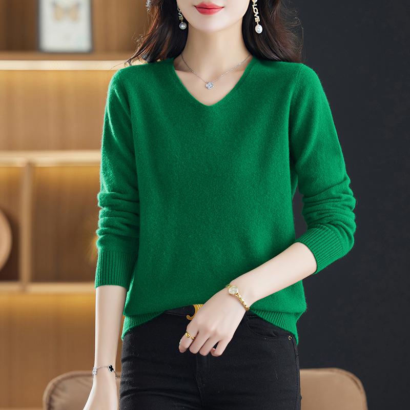 

Жіночий пуловер з чистої вовни з V-подібним вирізом - Осінньо-зимовий вільний повсякденний трикотаж 3XL