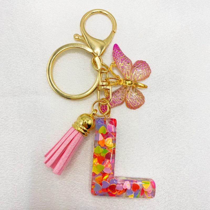 26-Letter Alphabet Resin Keychain with Star Sequins & Tassel Charm