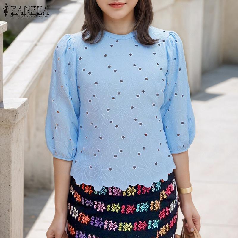 ZANZEA Women Casual Round Neck 3/4 Sleeve Loose Patchwork Crochet Blouse