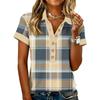 Women's fashionable and casual summer V,neck patchwork short,sleeved plaid print top