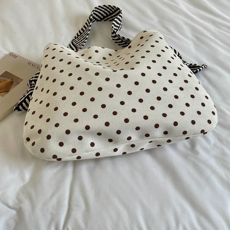 Polka Dot Corduroy Shoulder Bag Casual Hobo Tote with Striped Strap Large Capacity Handbag
