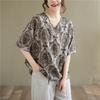 Summer Printed Short-sleeved T-shirt V-neck Cotton and Linen Loose Large-size Women's Top T-shirt Cotton and Linen Shirt
