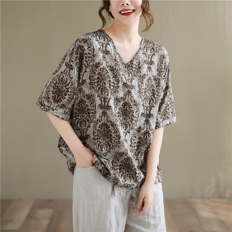 Summer Printed Short-sleeved T-shirt V-neck Cotton and Linen Loose Large-size Women's Top T-shirt Cotton and Linen Shirt