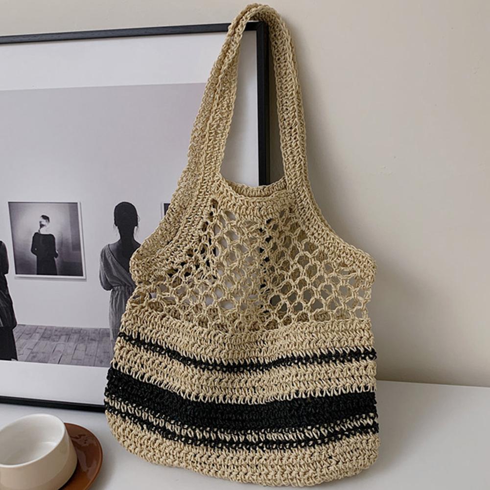 

Women Straw Net Bag Large Capacity Woven Shoulder Bags Hollow Out Casual for Summer Travel Shopping бежевый