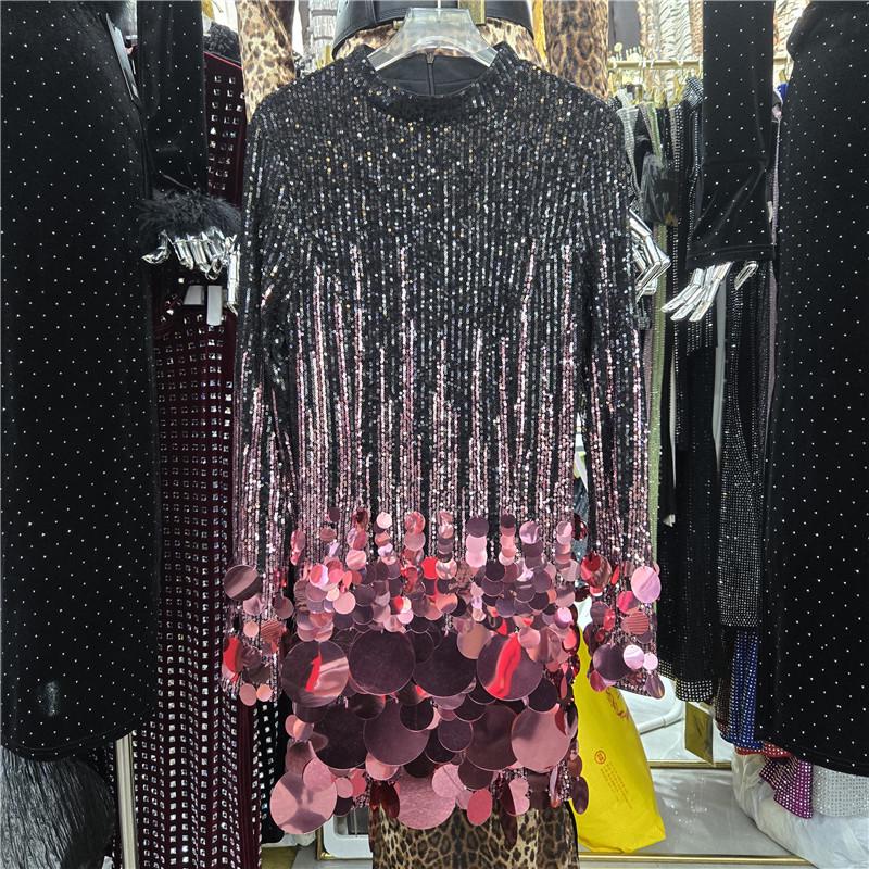 

European & American 2026 Spring Sequined Bead Street Style Slim Sexy Dress Large