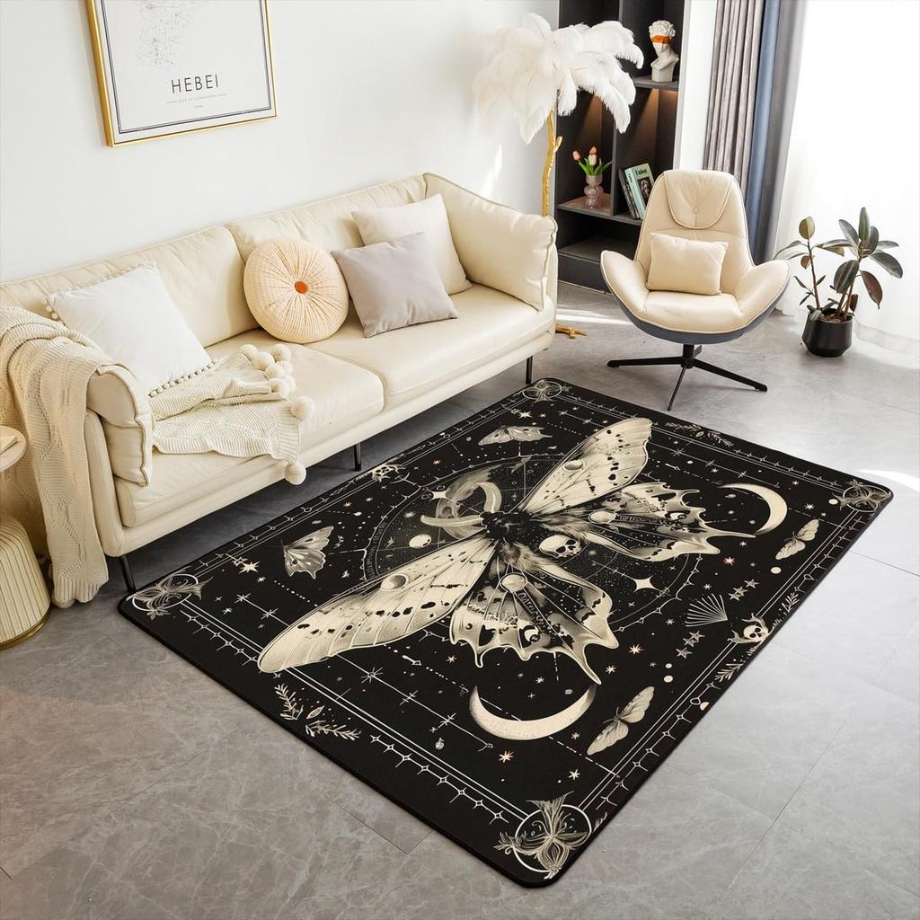 Erosebridal Moth Skull Moon Area Rug 4'11" X 3'3" Bohemian Stars Exotic Living Room Rugs Starry Sky Mysterious Decorative Carpet Black and W