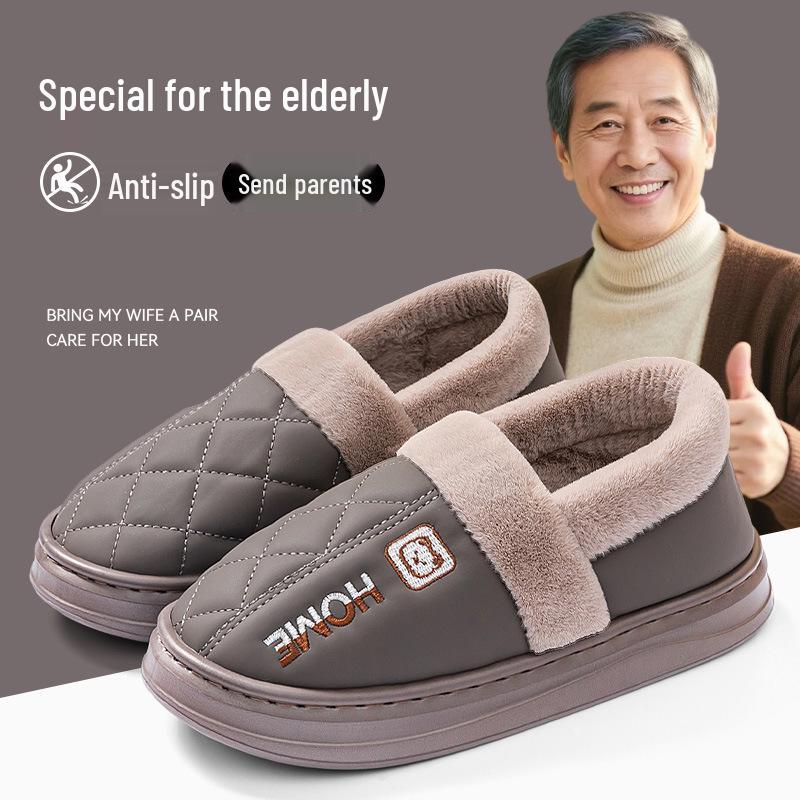 2025 New PU Leather Waterproof Non-Slip Cotton Slippers for Men and Women - Indoor Warm Autumn/Winter Footwear