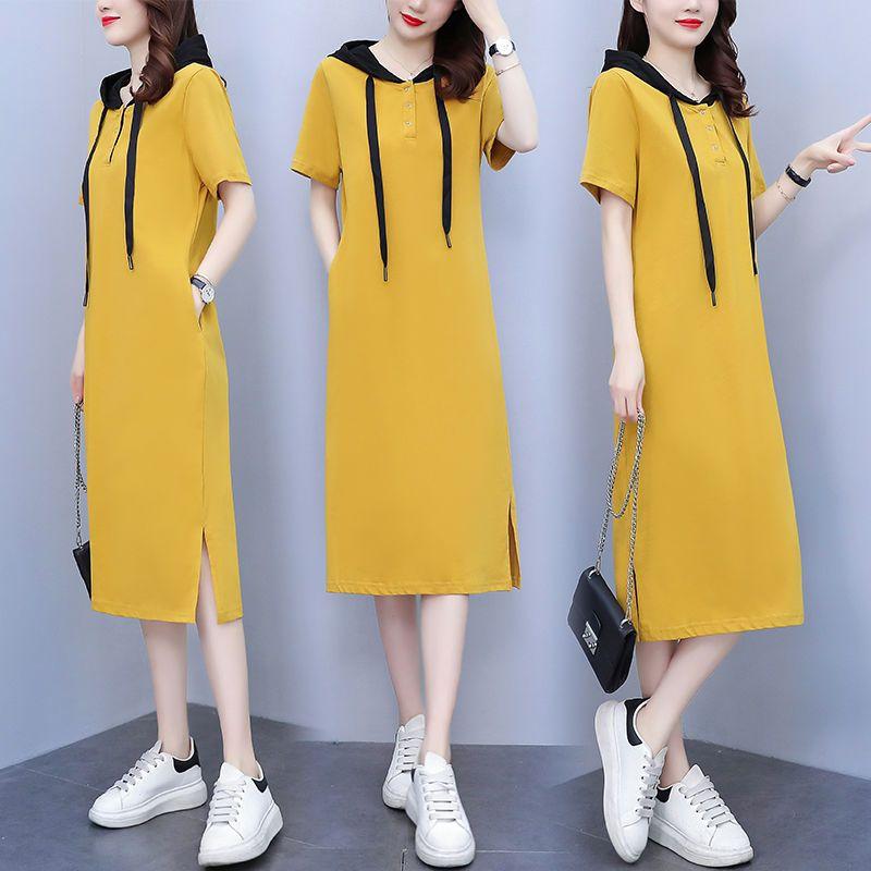 Summer Women Hooded Dress Long Loose Fit Casual Slimming Elegant Youthful Knee Length Short Sleeve
