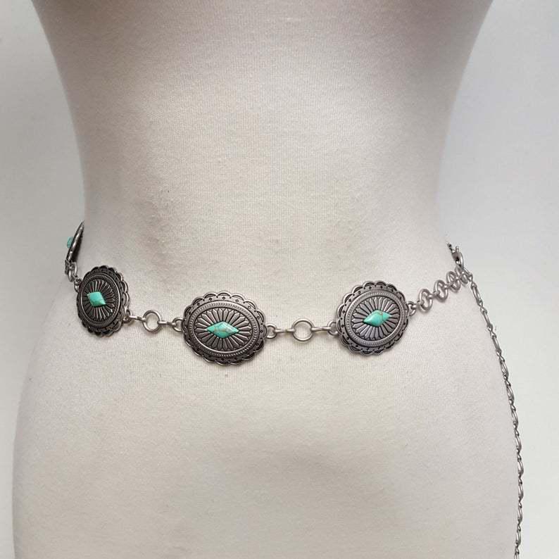 Vintage Turquoise-Inlaid Metal Waist Chain for Dresses & Jeans - European & American Niche Fashion
