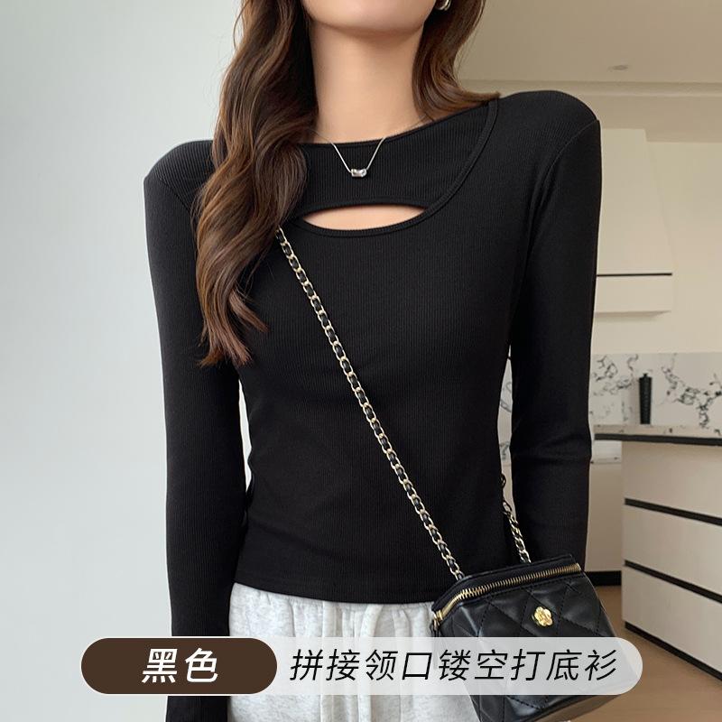 

1 Slim-fit long-sleeved t-shirt women s inner cover autumn and winter design sense hollow cross-neck striped bottoming shirt top S fits 80-47.5 kg чёрный