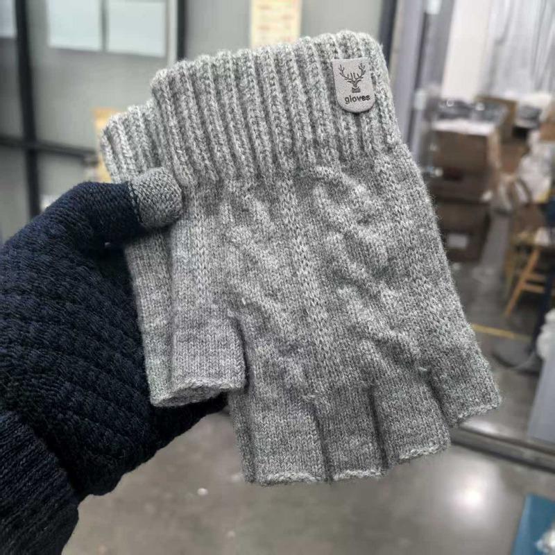 Half finger gloves autumn and winter men's thickened knitted wool half finger work students write in class to keep warm