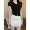 French printing polka dot slim fit and thin black T-shirt splicing lace small short sleeve V-neck summer new