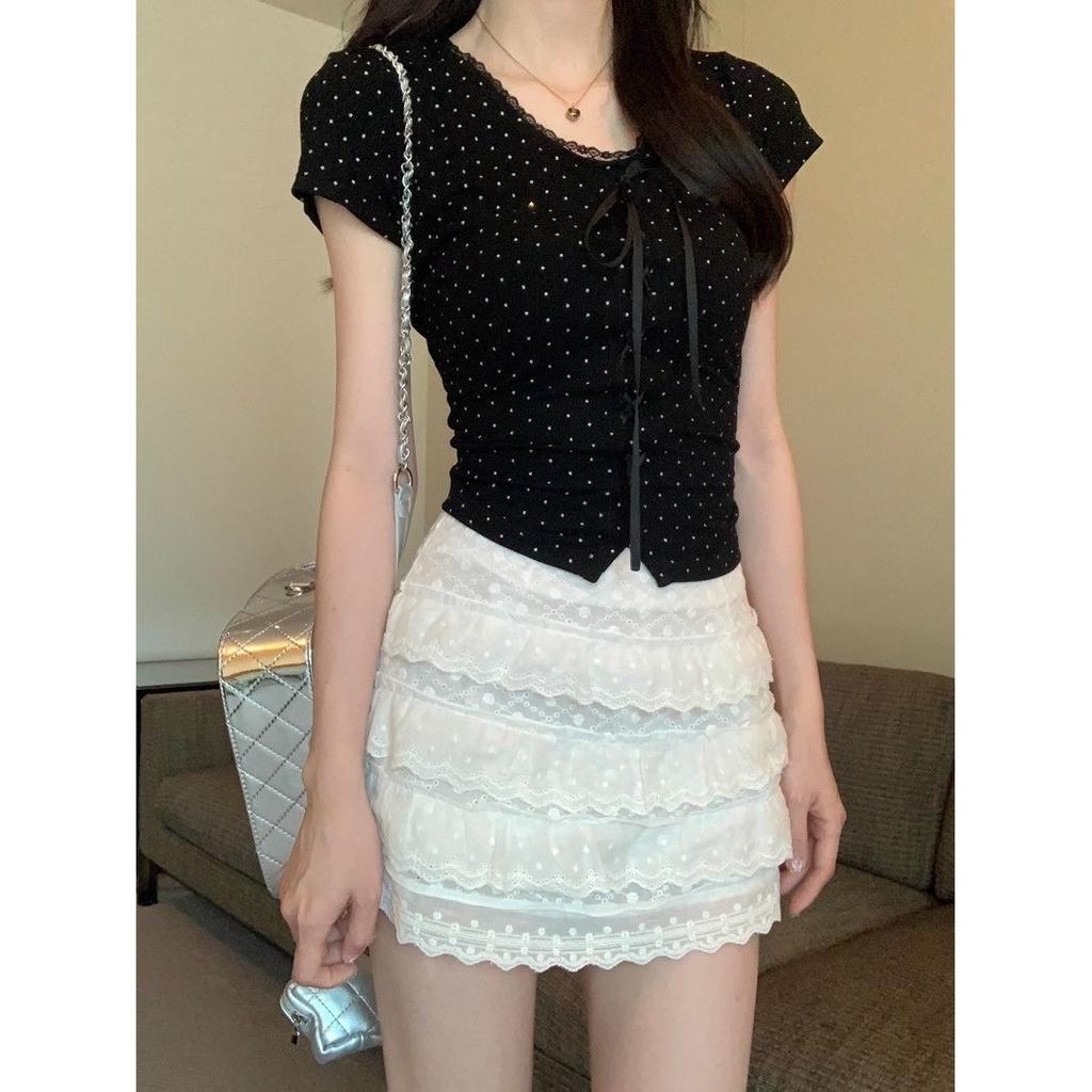 French printing polka dot slim fit and thin black T-shirt splicing lace small short sleeve V-neck summer new