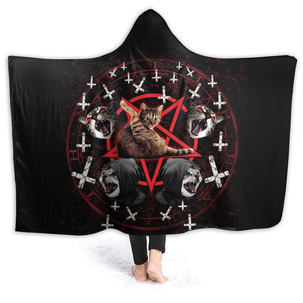 Wearable Cartoon Fur Blanket with Hooded Satanic Cat Cute Bed Blanket Coral Velvet Warm Throw Blanket In Winter for Kids Adults