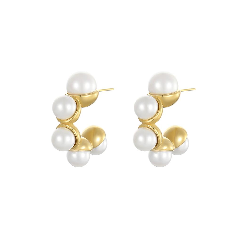 GEMCHIC Women's C-Shape Geometric Stud Earrings with Imitation Pearls Stainless Steel Fashion Luxury Hoop Jewelry