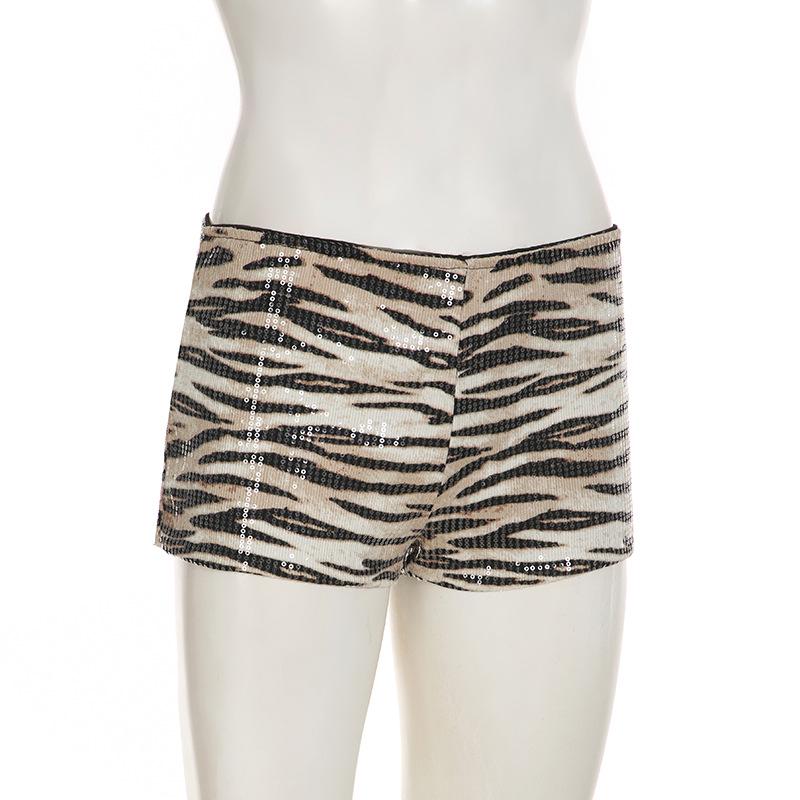 Slim Low-Waist Zebra Print Sequin Shorts - European & American Street Style Hip-Hugging Ultra-Shorts
