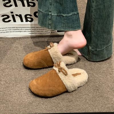 2024 Fashion Ladies Shoes Baotou Women's Slippers Hot Sale Butterfly-knot Daily Slippers Women Winter Plus Velvet Flat Slippers