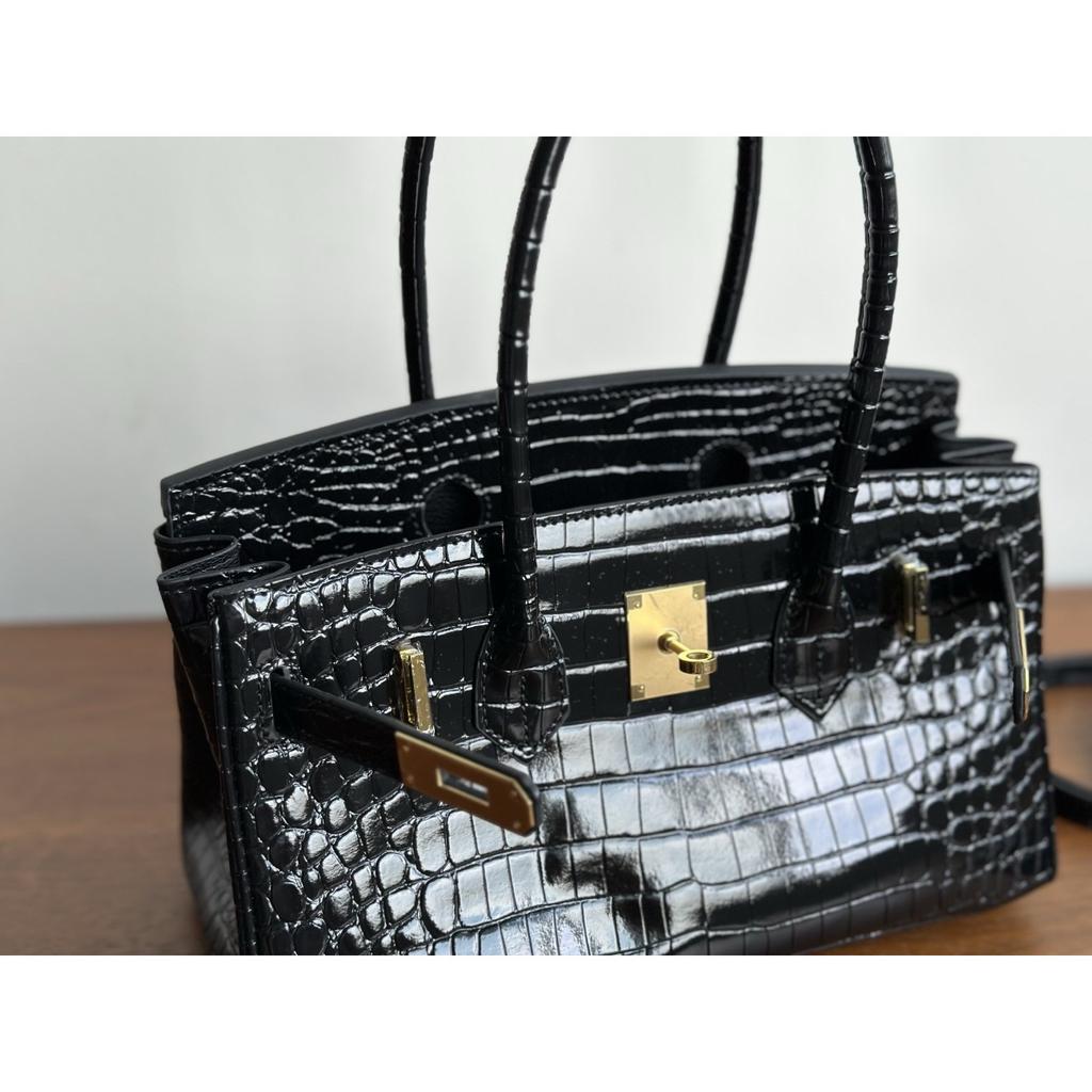 Popular Crocodile Pattern Horizontal Plate Platinum 30cm Genuine Leather Women's Bag, European and American Fashion Cowhide Large Bag, Commuter