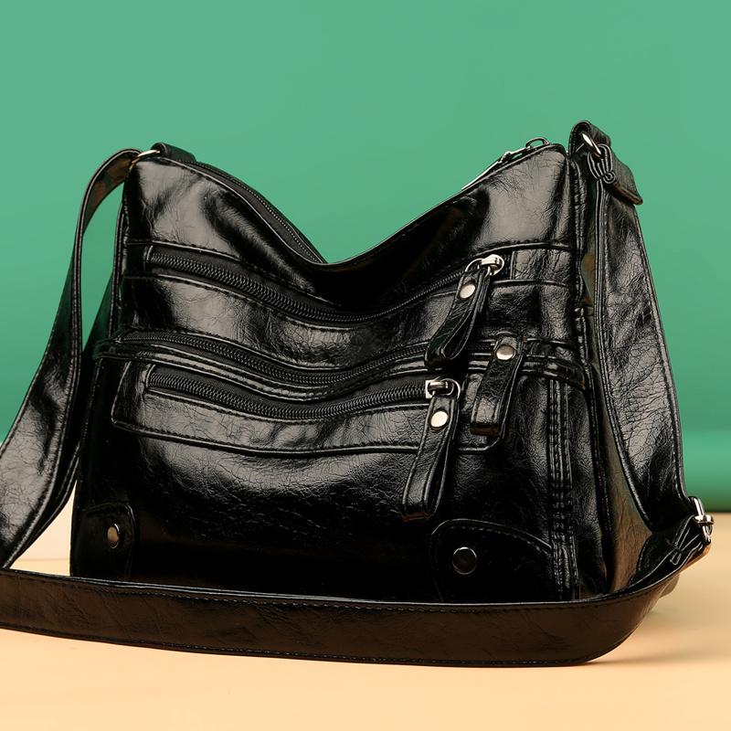 Solid Color Multi Zipper Bag Vintage Soft Leather Shoulder Bag  Casual Crossbody Purse For Work