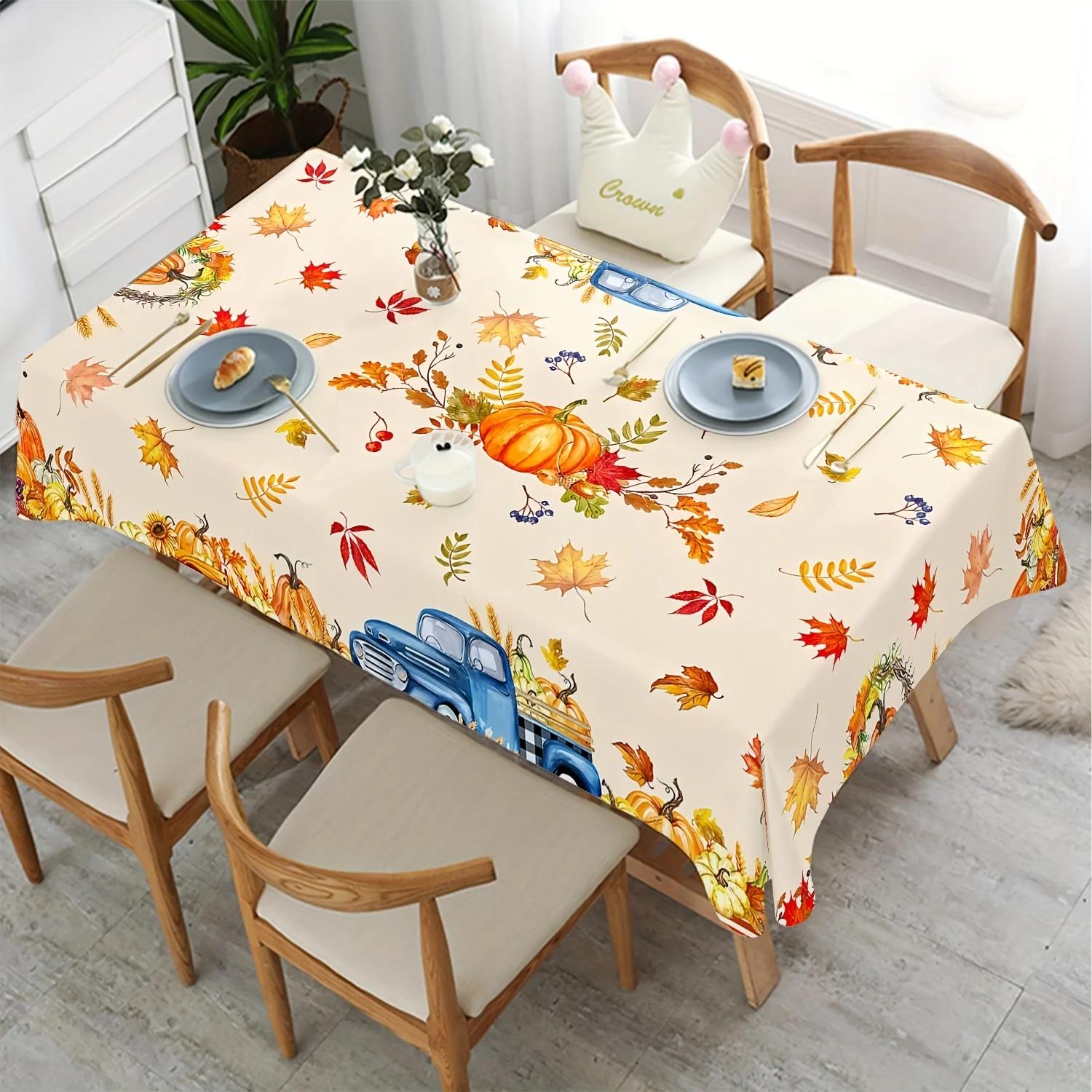 Autumn Thanksgiving Pumpkins Truck Rectangle Tablecloths for Table Decor Fall Maple Leaves Sunflowers 100x145cm