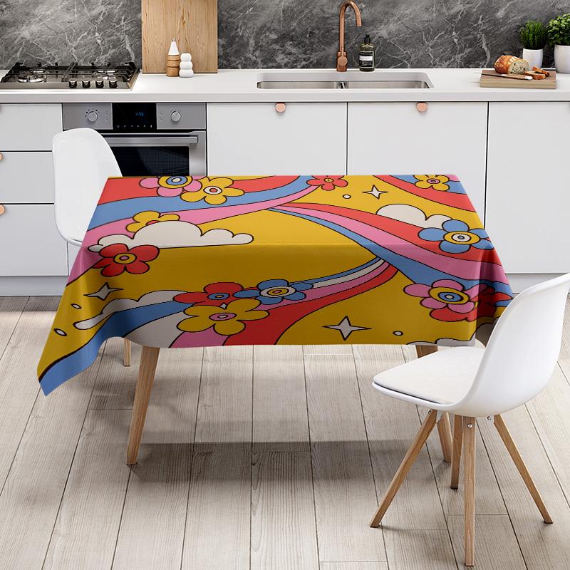 Vibrant Modern Tablecloth Set for Dining Room Decor with Abstract Floral Design Yellow Blue Pink Red Black White Colorful Printe