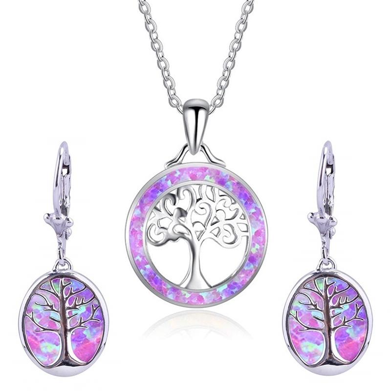 Fashion Tree of life Jewelry Set For Women Imitation Green Fire Opal Women Pendant Necklace With Earrings Wedding Jewelry Set