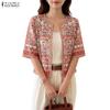 ZANZEA Women Bohemian Floral Print Open Front Cropped Half Sleeve Vintage Casual Holiday Tops Blouse