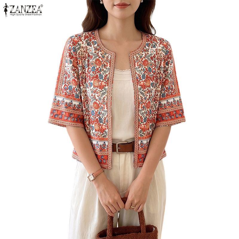 ZANZEA Women Bohemian Floral Print Open Front Cropped Half Sleeve Vintage Casual Holiday Tops Blouse