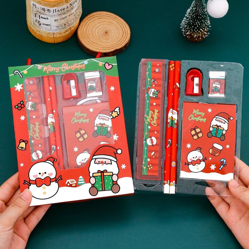 6 Stück/Set Cartoon Weihnachten Bleistiftspitzer Radiergummis Bleistifte Lineale Kawaii Kinder Schreibset Schulschreibwarenzubehör
