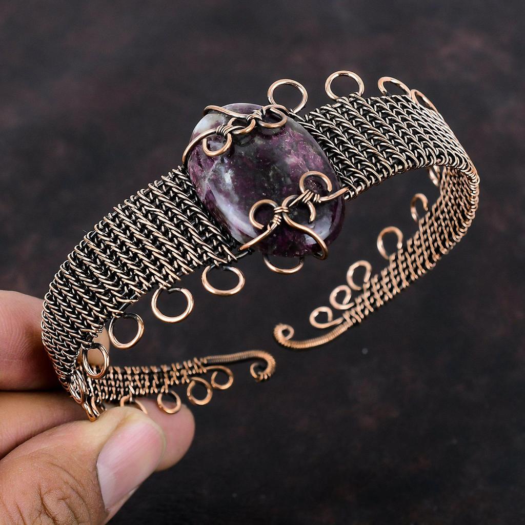 Rosa Turmalin Manschettenarmband Kupferdraht gewickelt verstellbarer Armreif Original Edelstein Armreif Kupferschmuck für Geschenk handgemachtes Manschettenarmband