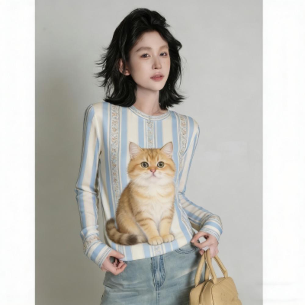 Europe America Fashion Cat Print Women's T-shirt Casual Pullover Women Long Sleeve Clothing Outdoor Street Tees Top