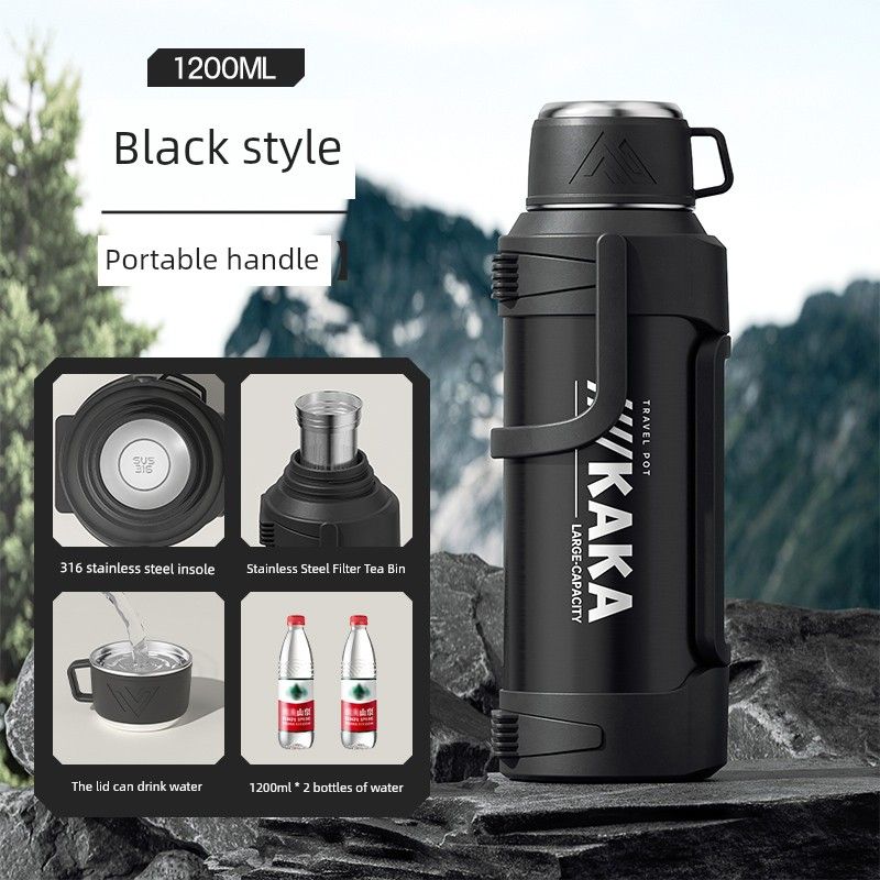 

316 Stainless Steel Thermal Pot Large Capacity Thermal Insulation Cup Men s and Women s Outdoor Car Kettle Travel Pot For Home Black 1200ml [Tea Storage + Carrying Strap]