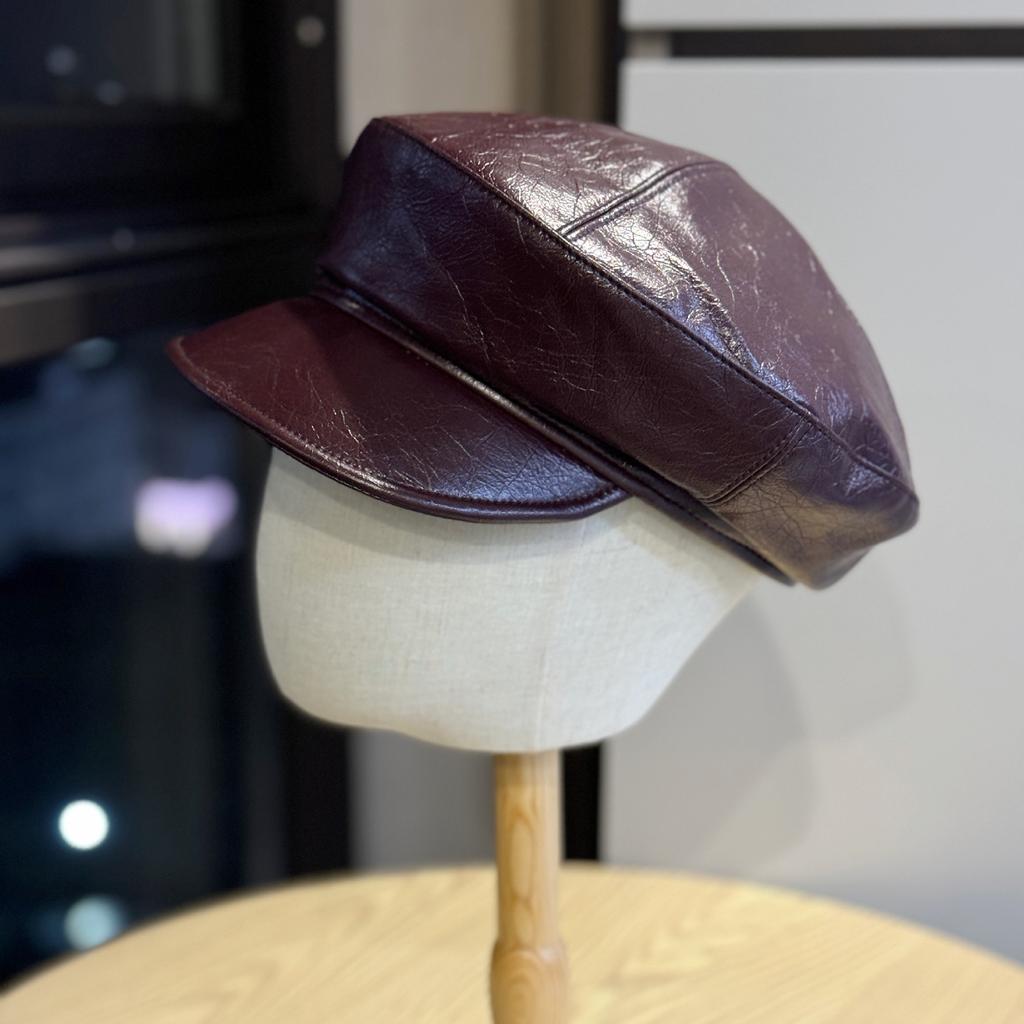 Leather Duck Cap for Women Versatile Newsboy Hat Solid Color Simple Octagonal Hat Beret Painter Hat Japanese Style