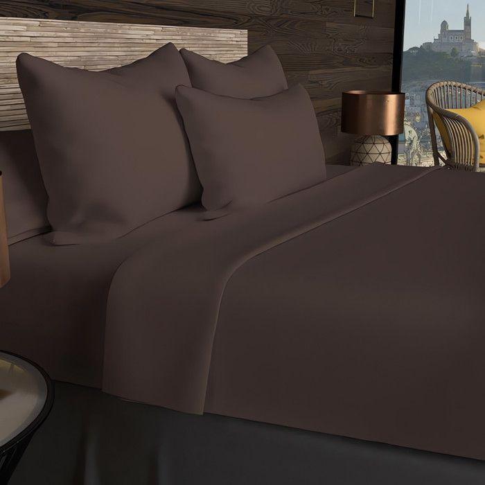 Drap housse en coton 57 fils 140x190 cm UNI brun, par Soleil d'ocre