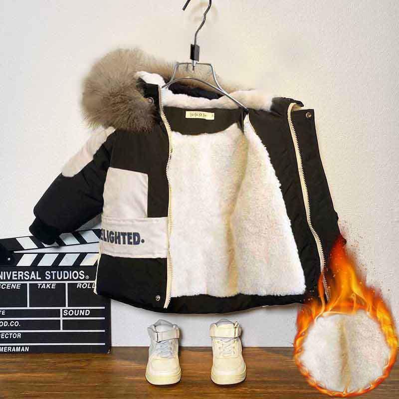 Winter Boys Coat Baby Fur Collar Hooded Velvet Thicken Warm Jacket Children's Boy